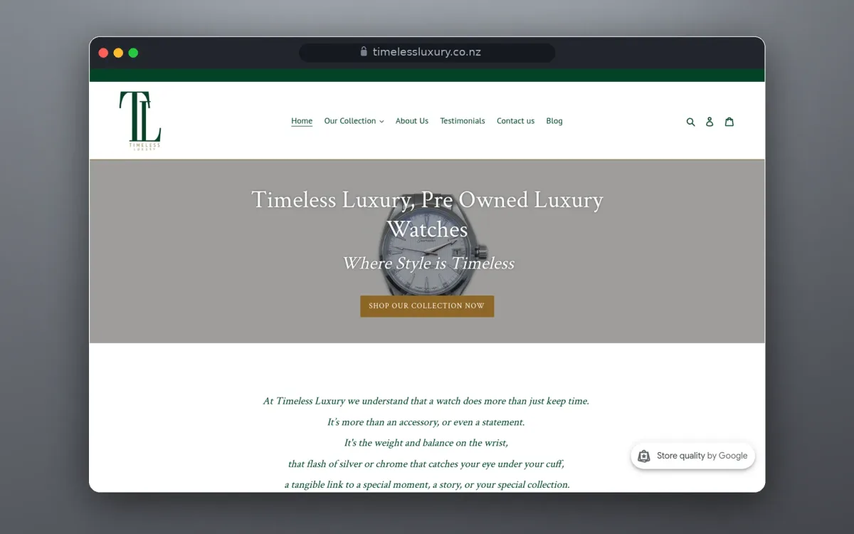 The Timeless Luxury Shopify store home page in a browser window